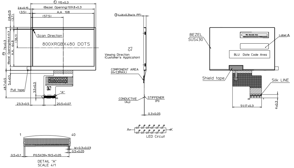 Mechanical Drawing - KYOCERA Display 5-inch WVGA TFT LCD Display Module